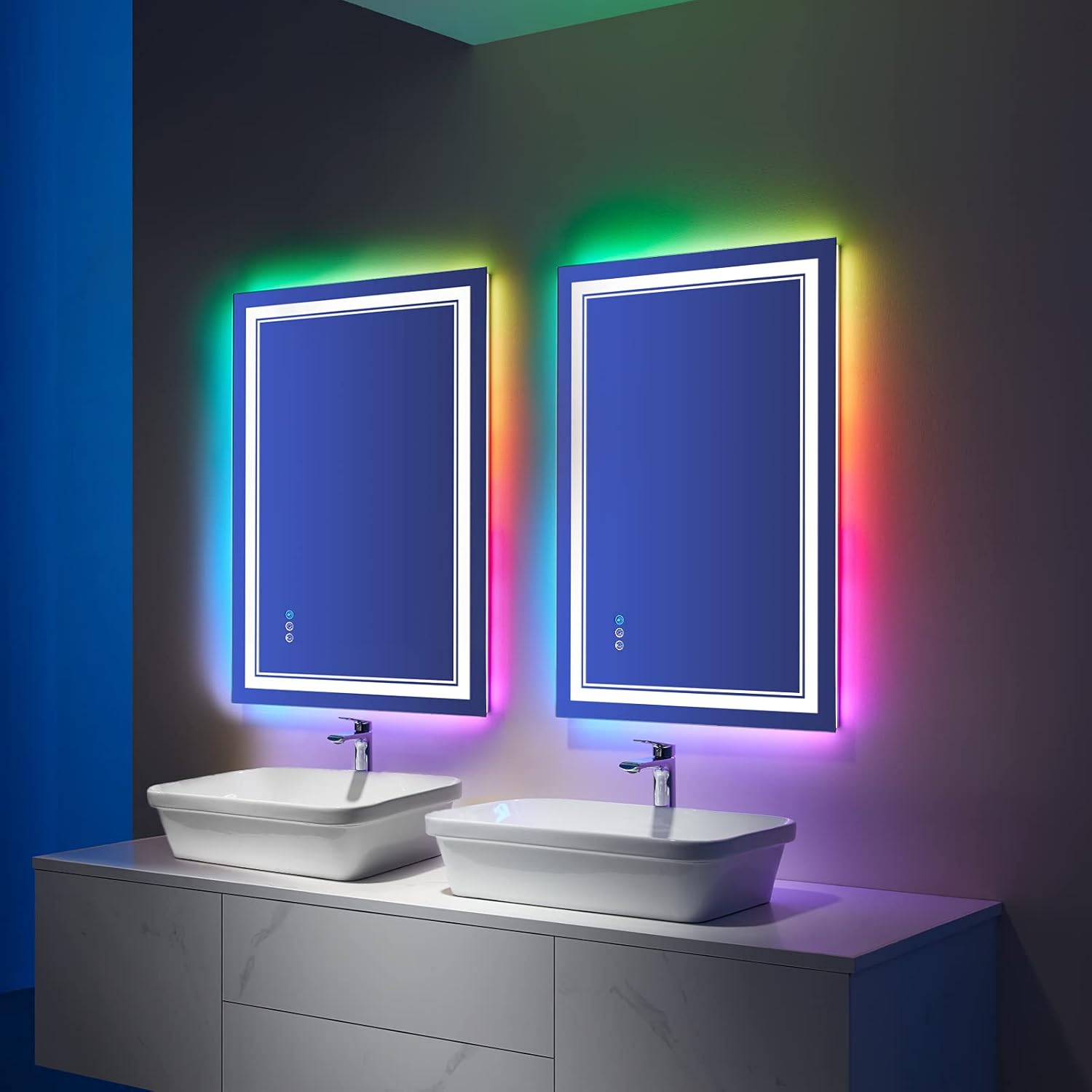 LED Bathroom Mirror RGB Colour Changing Backlit Mirror Shatterproof Dimmable Anti-Fog Vanity Mirror with Double Lights (RGB Multicolor Backlit + Adjustable Front-Lighted)