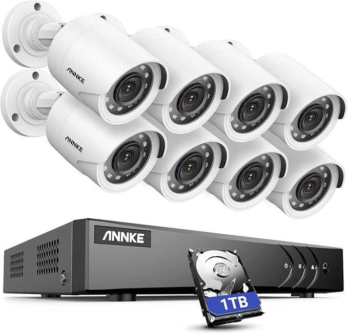 CCTV Camera System Outdoor, Smart Human/Vehicle Detection, 8 x 2MP Security Bullet Cameras and 3K Lite 8CH Surveillance DVR with 1TB HDD, Play Back, remote alert with Images, IP66 Weatherproof