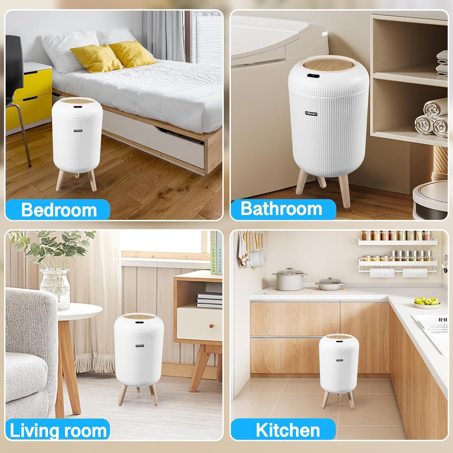 Smart Touchless Bathroom Bin with Lid, Automatic Waterproof Bedroom Bin for Bedroom Office Living Room Kitchen