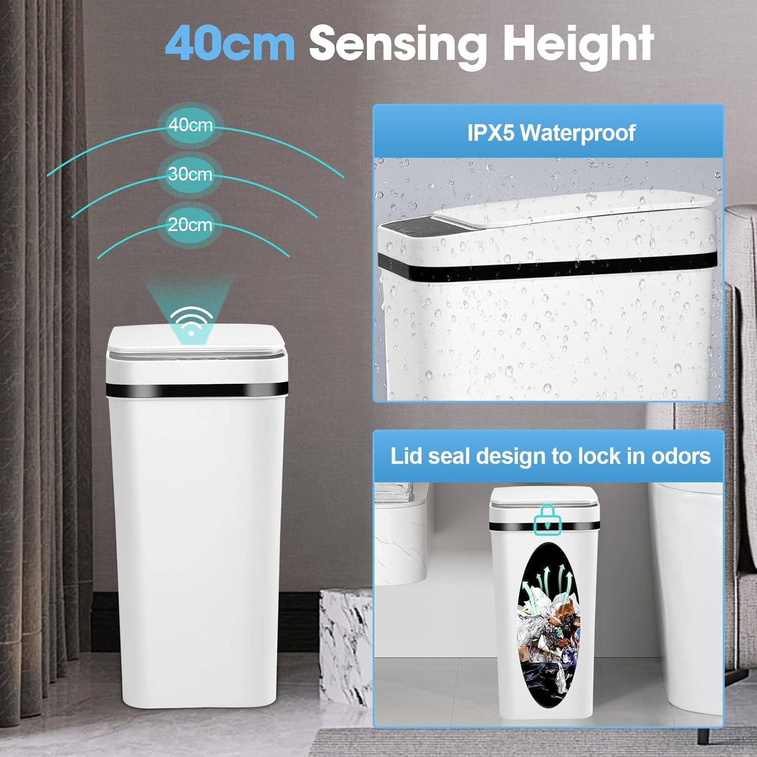 Smart Automatic Sensor Trash Can, 12L Motion Sensor Trash Can, Automatic Rubbish Bin with Smart Sensor, Intelligent Touchless Trash Can Smart Bin, Waterproof for Bedroom Bathroom Toilet Kitchen Office