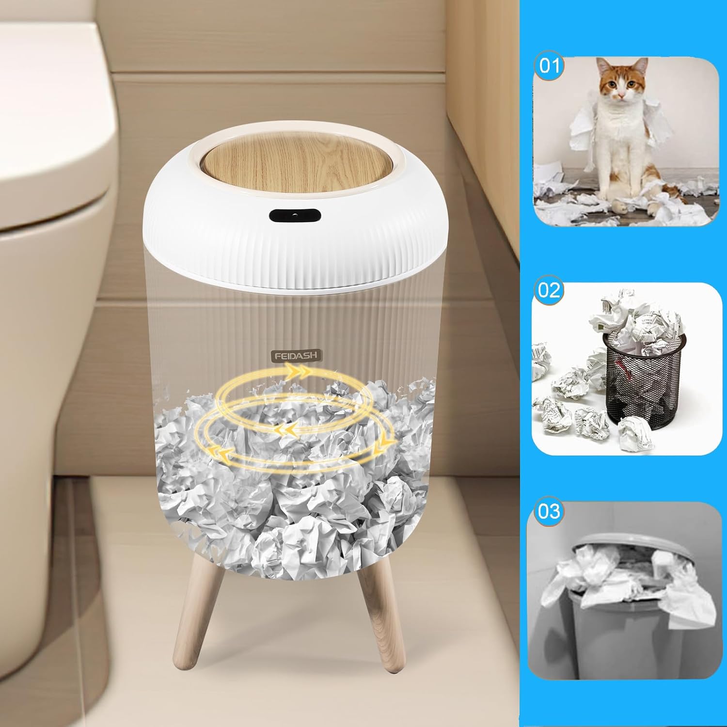 Smart Touchless Bathroom Bin with Lid, Automatic Waterproof Bedroom Bin for Bedroom Office Living Room Kitchen