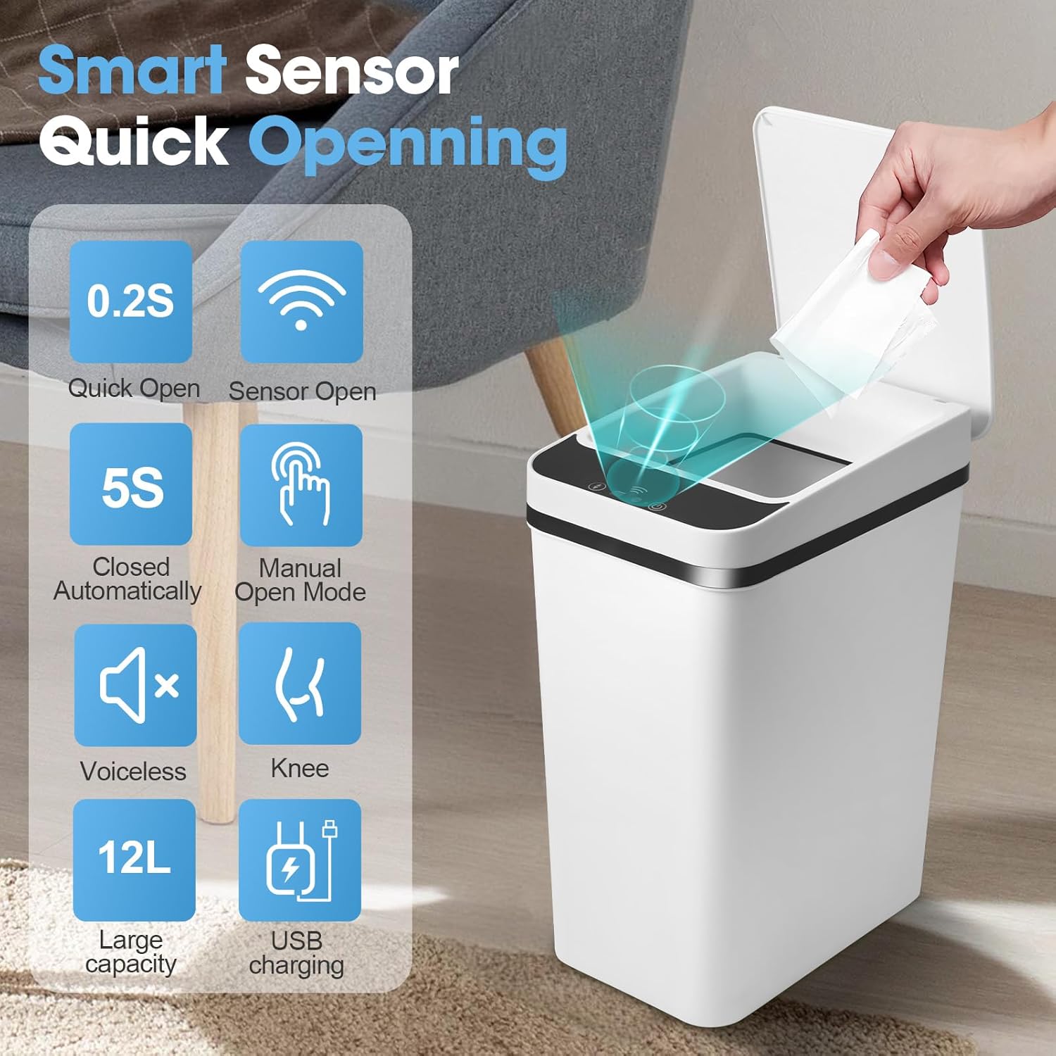 Smart Automatic Sensor Trash Can, 12L Motion Sensor Trash Can, Automatic Rubbish Bin with Smart Sensor, Intelligent Touchless Trash Can Smart Bin, Waterproof for Bedroom Bathroom Toilet Kitchen Office