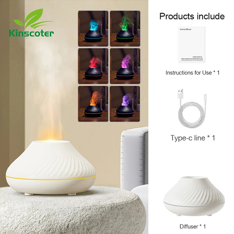 Volcanic Aroma Diffuser Essential Oil Lamp 130ml USB Portable Air Humidifier with Colour Flame Night Light (White 130ml)