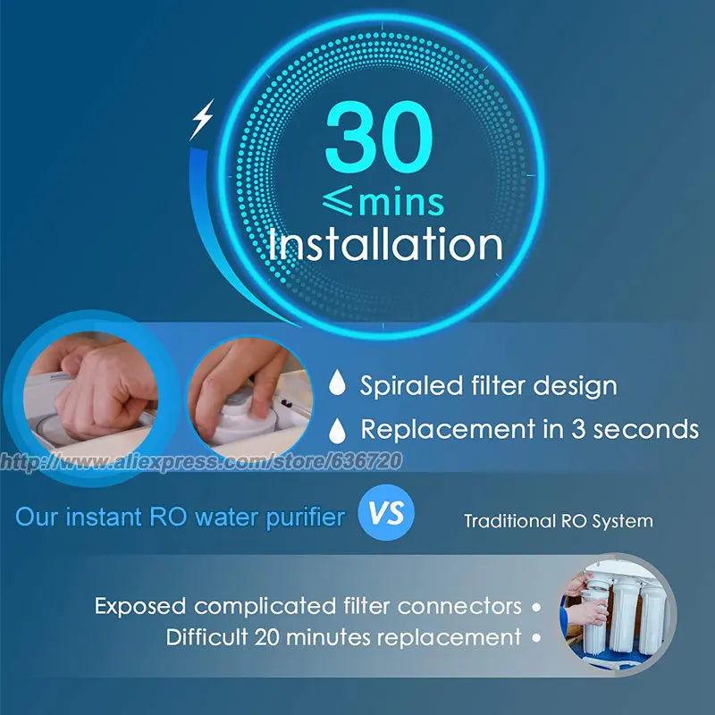 Reverse Osmosis Water Filtration Purification System, 3 Stage RO Water Filter, 3: 1 Low Drain Ratio