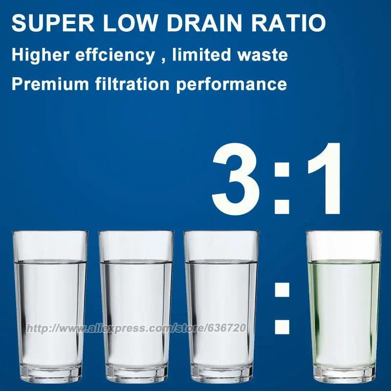 Reverse Osmosis Water Filtration Purification System, 3 Stage RO Water Filter, 3: 1 Low Drain Ratio