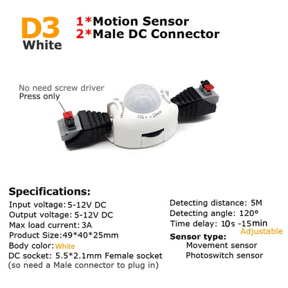 PIR Motion Sensor Light Switch DC 5V 12V with Timer