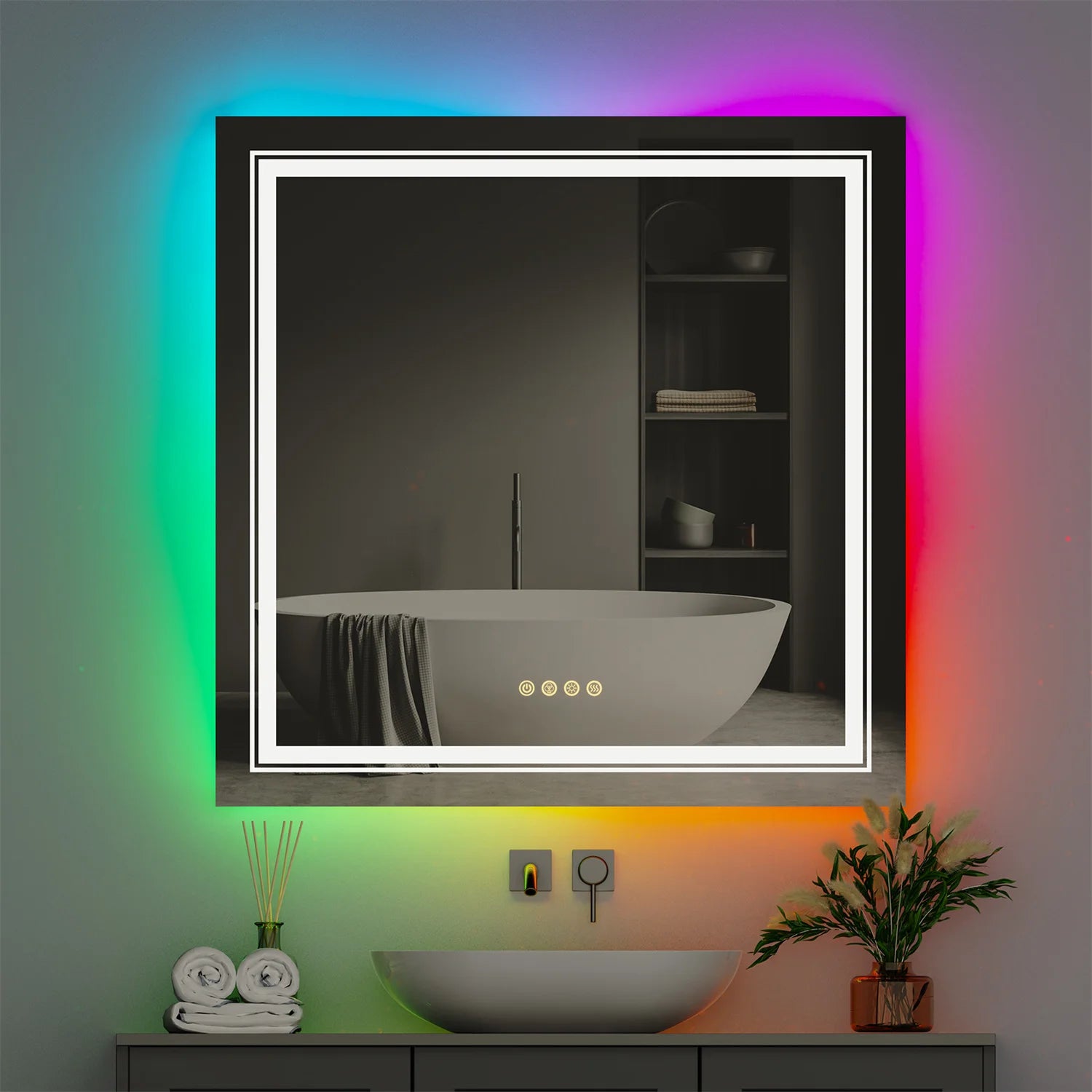 LED Bathroom Mirror RGB Colour Changing Backlit Mirror Shatterproof Dimmable Anti-Fog Vanity Mirror with Double Lights (RGB Multicolor Backlit + Adjustable Front-Lighted)