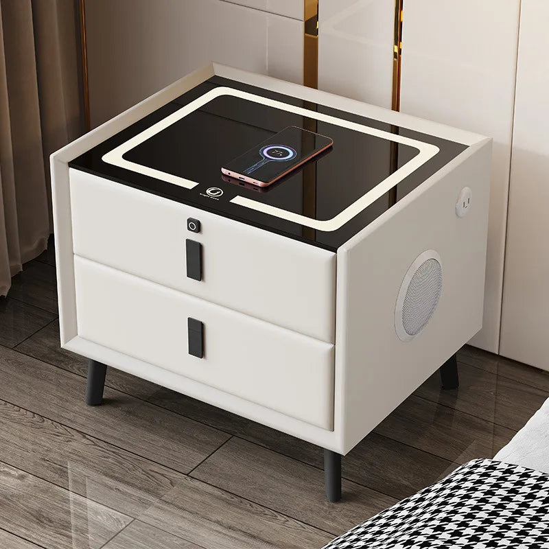 Smart Leather Nightstands with Wireless Charging Home Side Cabinet with USB and Speaker