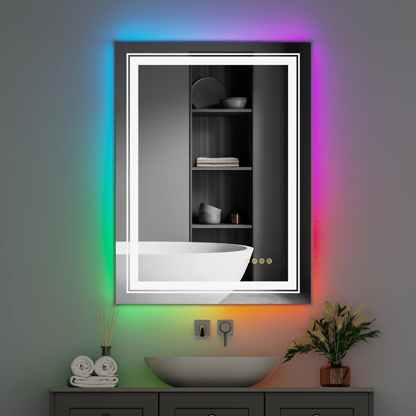 LED Bathroom Mirror RGB Colour Changing Backlit Mirror Shatterproof Dimmable Anti-Fog Vanity Mirror with Double Lights (RGB Multicolor Backlit + Adjustable Front-Lighted)