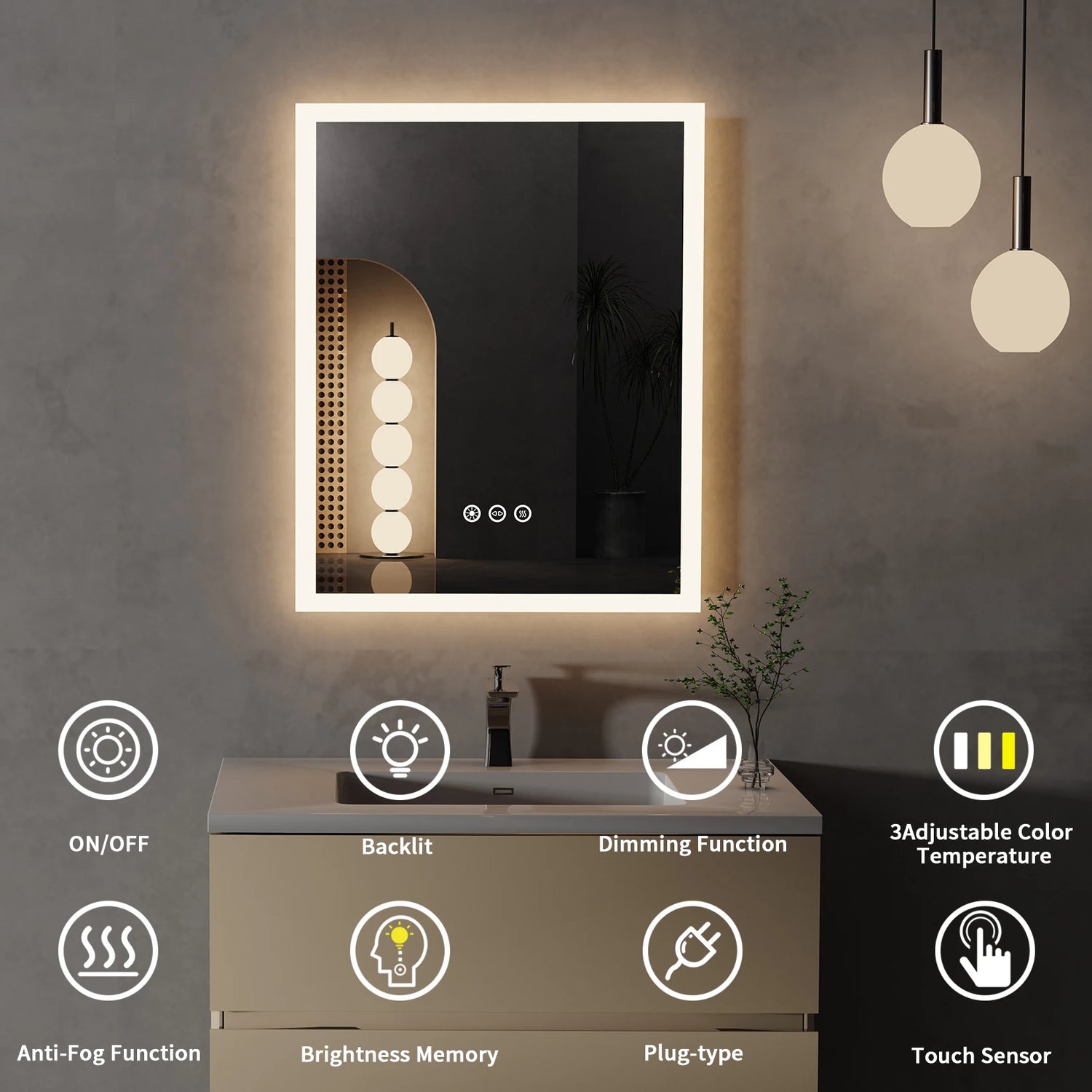 Smart Touch Button, Memory Function, vanity Mirror LED Lighted Anti-Fog Bathroom Mirror