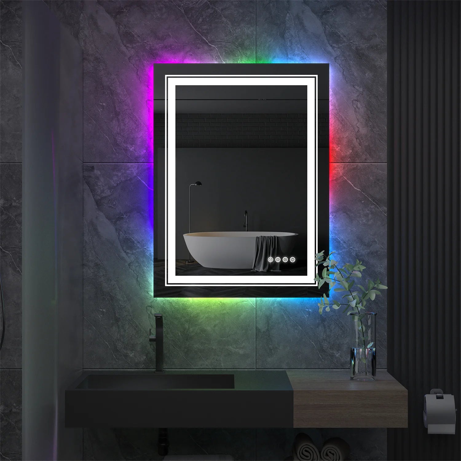 LED Bathroom Mirror RGB Colour Changing Backlit Mirror Shatterproof Dimmable Anti-Fog Vanity Mirror with Double Lights (RGB Multicolor Backlit + Adjustable Front-Lighted)