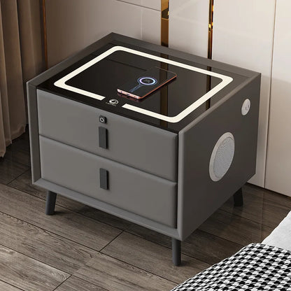 Smart Leather Nightstands with Wireless Charging Home Side Cabinet with USB and Speaker