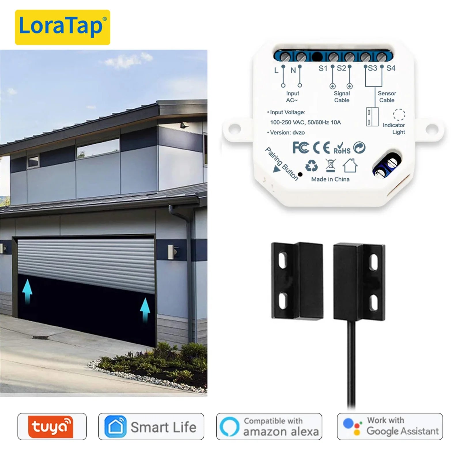 Smart Garage Door Opener with Voice Commands, Real time notification and Remote Control