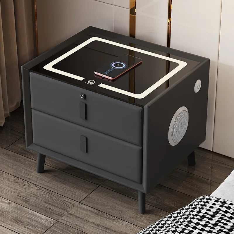 Smart Leather Nightstands with Wireless Charging Home Side Cabinet with USB and Speaker