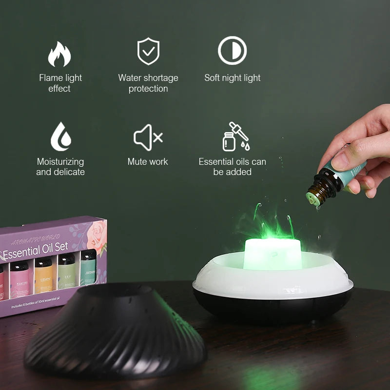 Volcanic Aroma Diffuser Essential Oil Lamp 130ml USB Portable Air Humidifier with Colour Flame Night Light (White 130ml)