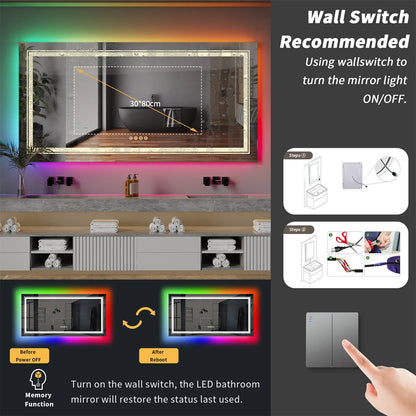 LED Bathroom Mirror RGB Colour Changing Backlit Mirror Shatterproof Dimmable Anti-Fog Vanity Mirror with Double Lights (RGB Multicolor Backlit + Adjustable Front-Lighted)