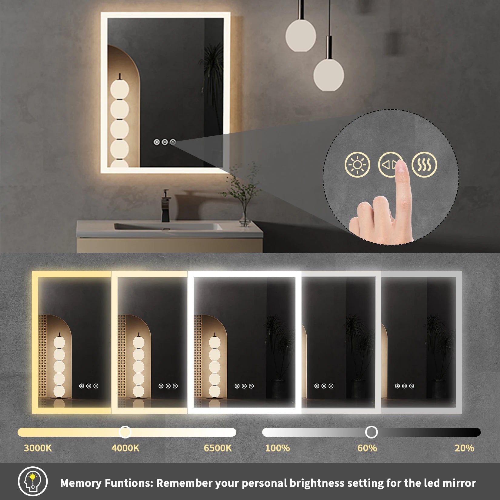 Smart Touch Button, Memory Function, vanity Mirror LED Lighted Anti-Fog Bathroom Mirror