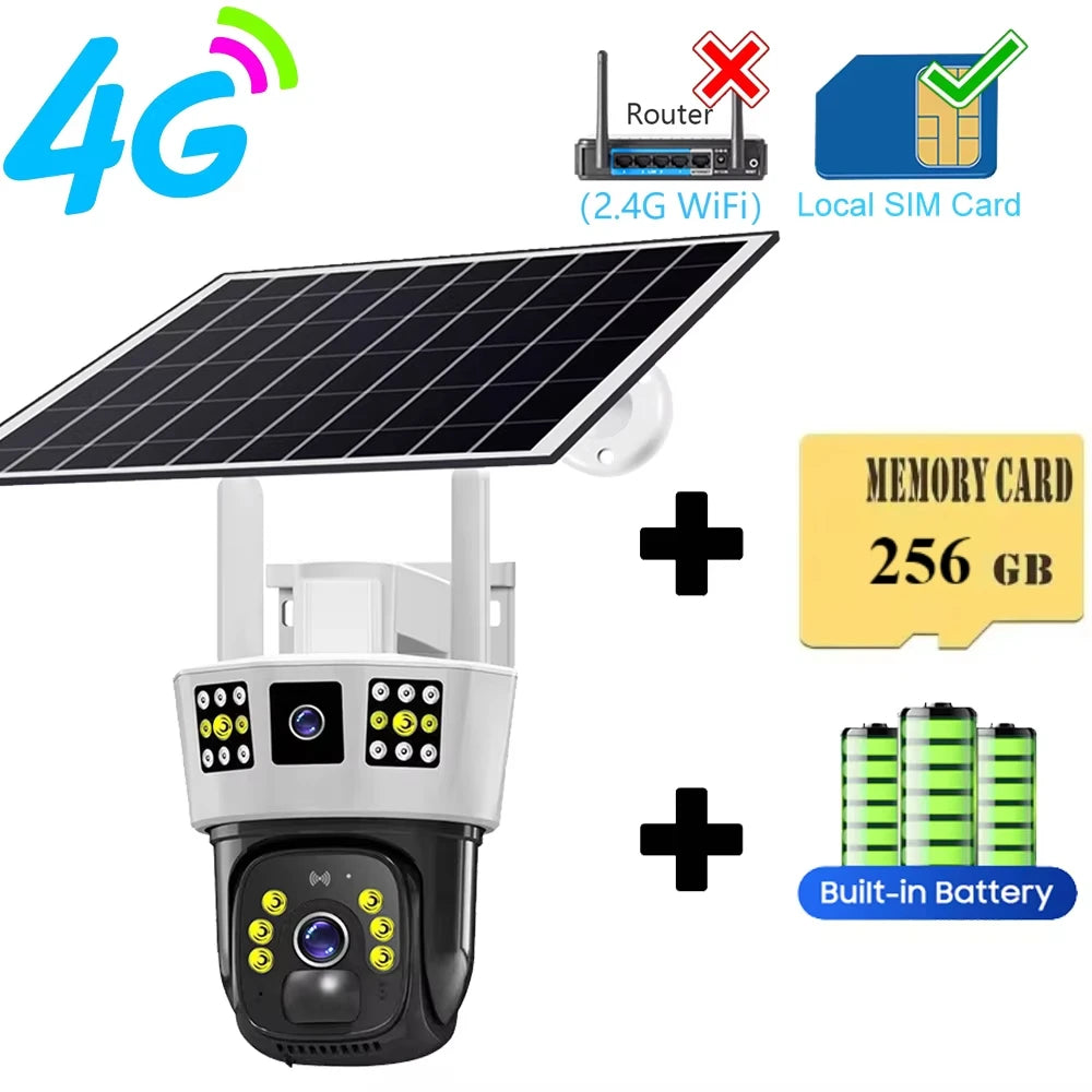 6K 12MP Solar Security Camera with 256G Card &amp; 4G SIM - Wireless Security with Night Vision