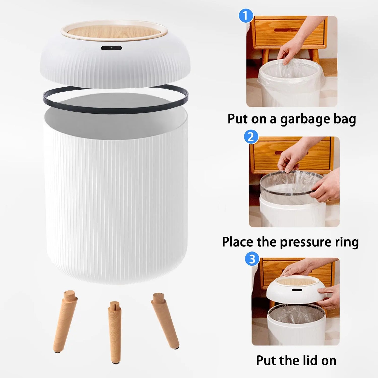 Smart Touchless Bathroom Bin with Lid, Automatic Waterproof Bedroom Bin for Bedroom Office Living Room Kitchen