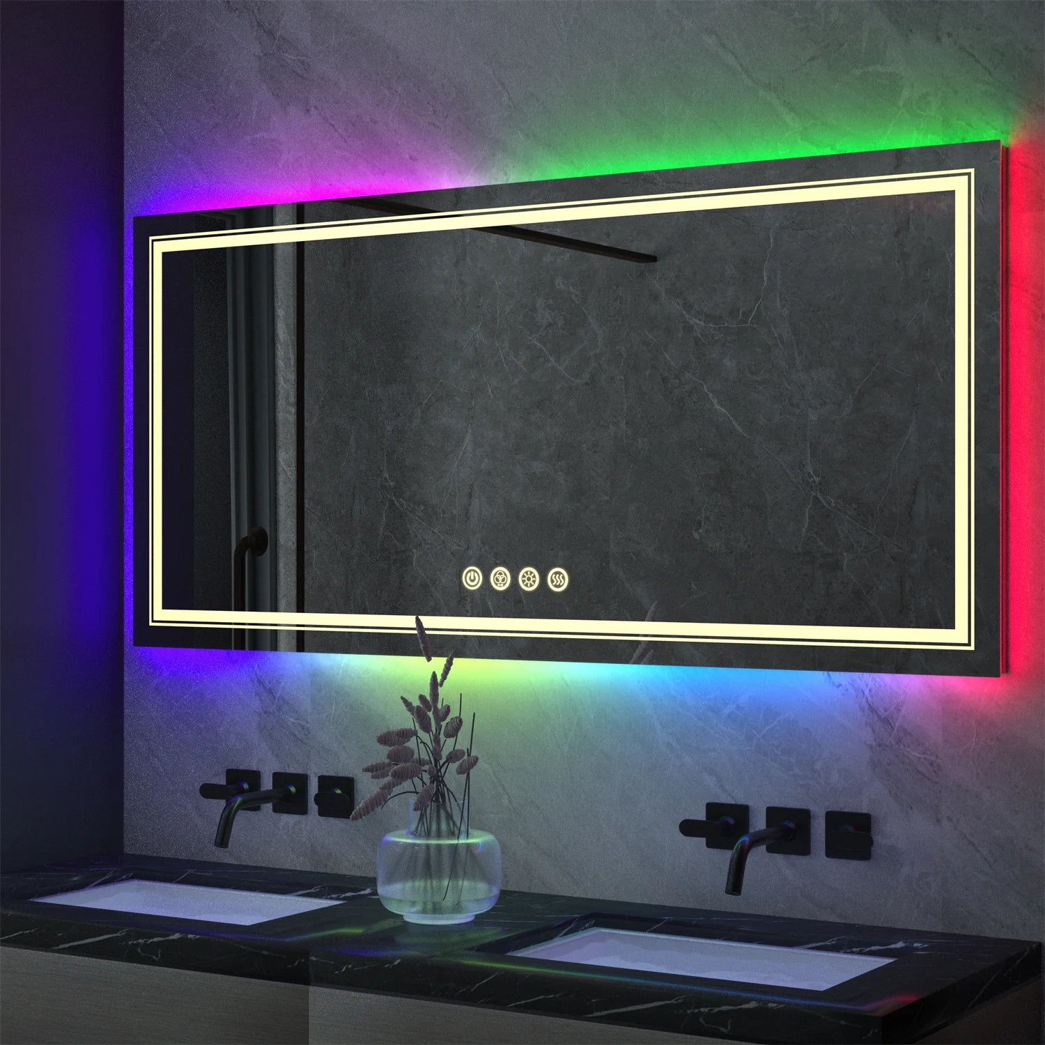 LED Bathroom Mirror RGB Colour Changing Backlit Mirror Shatterproof Dimmable Anti-Fog Vanity Mirror with Double Lights (RGB Multicolor Backlit + Adjustable Front-Lighted)