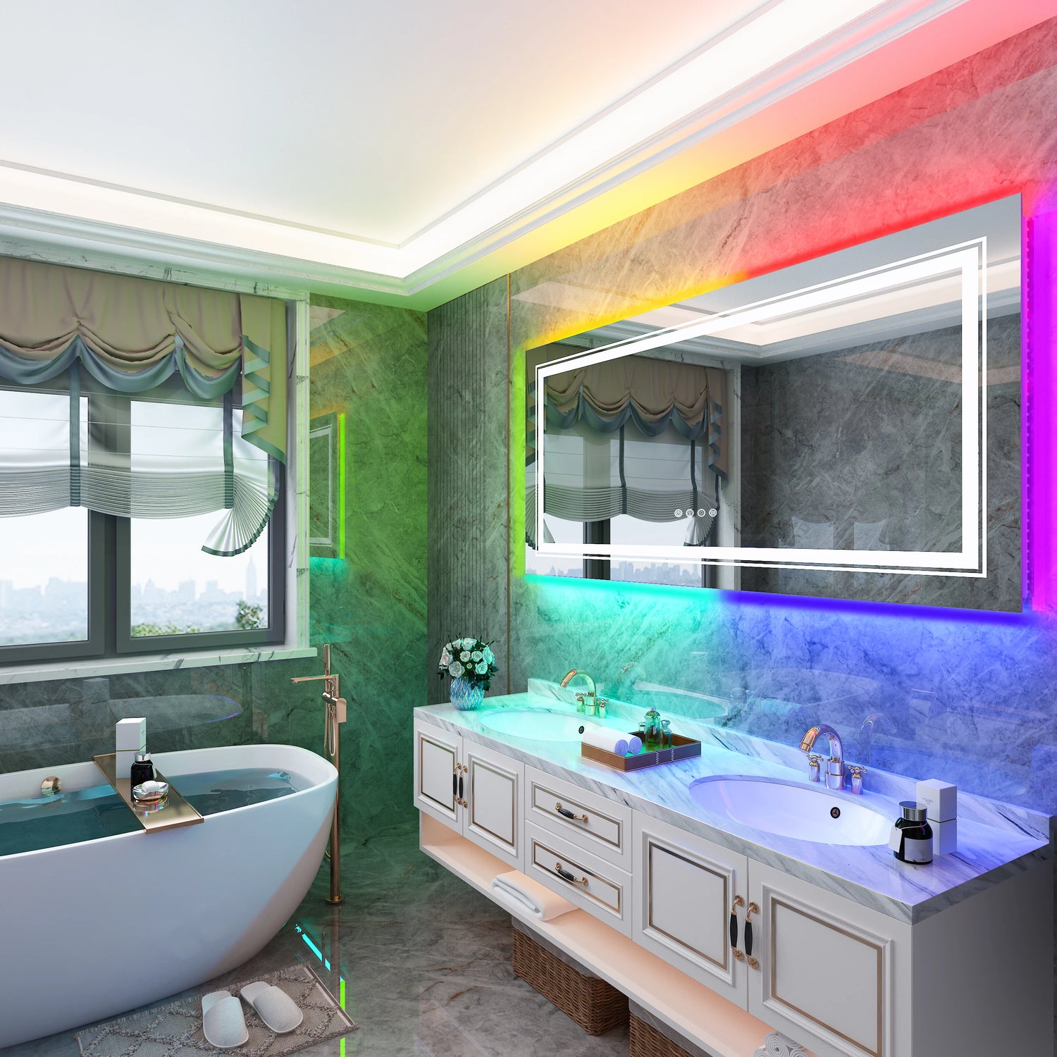 LED Bathroom Mirror RGB Colour Changing Backlit Mirror Shatterproof Dimmable Anti-Fog Vanity Mirror with Double Lights (RGB Multicolor Backlit + Adjustable Front-Lighted)