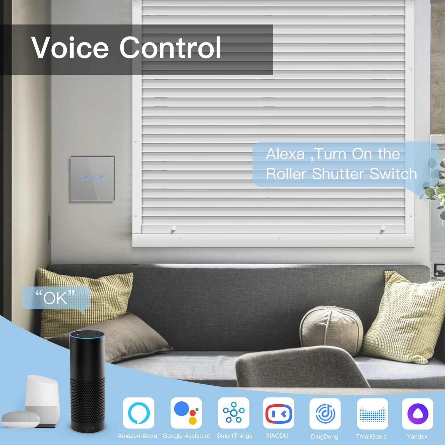 WiFi Smart Roller Shutter Switch Glass Panel Touch Sensor Wall Switches Life/Tuya APP Compatible with Alexa and Google Home Gold