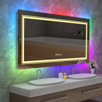 LED Bathroom Mirror RGB Colour Changing Backlit Mirror Shatterproof Dimmable Anti-Fog Vanity Mirror with Double Lights (RGB Multicolor Backlit + Adjustable Front-Lighted)