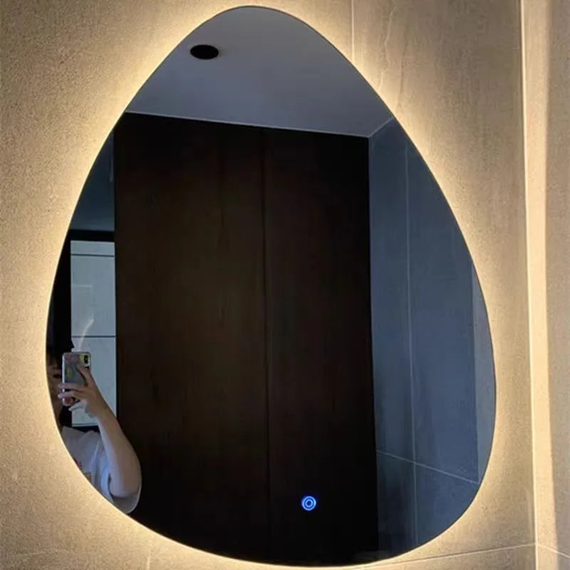 Irregular Bathroom Mirror With LED Light, Teardrop Shape Decorative Mirror, Vanity Mirror Makeup Mirror With 3 Colour LED Light, Dimmable